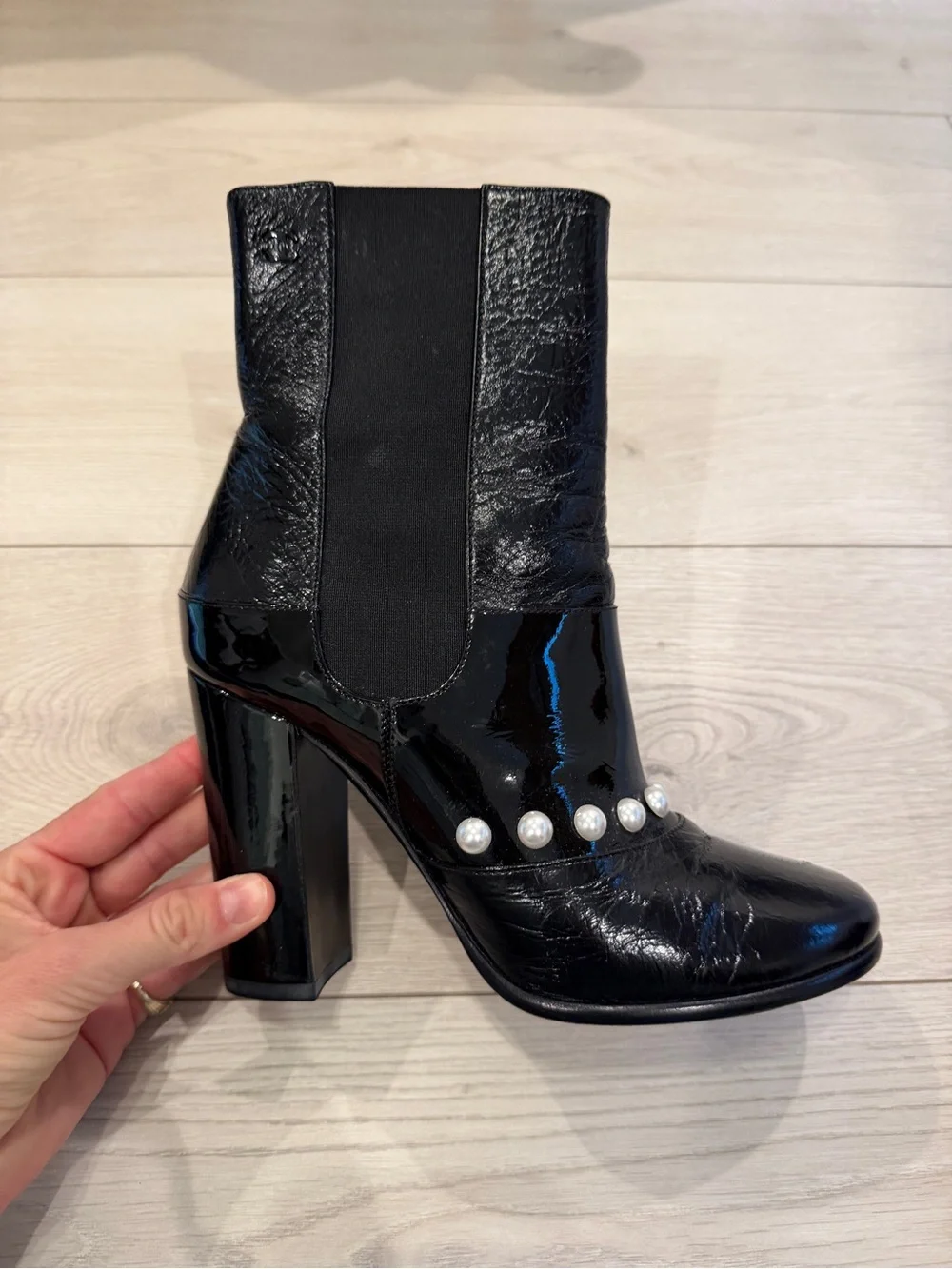 Chanel faux pearl heeled boots